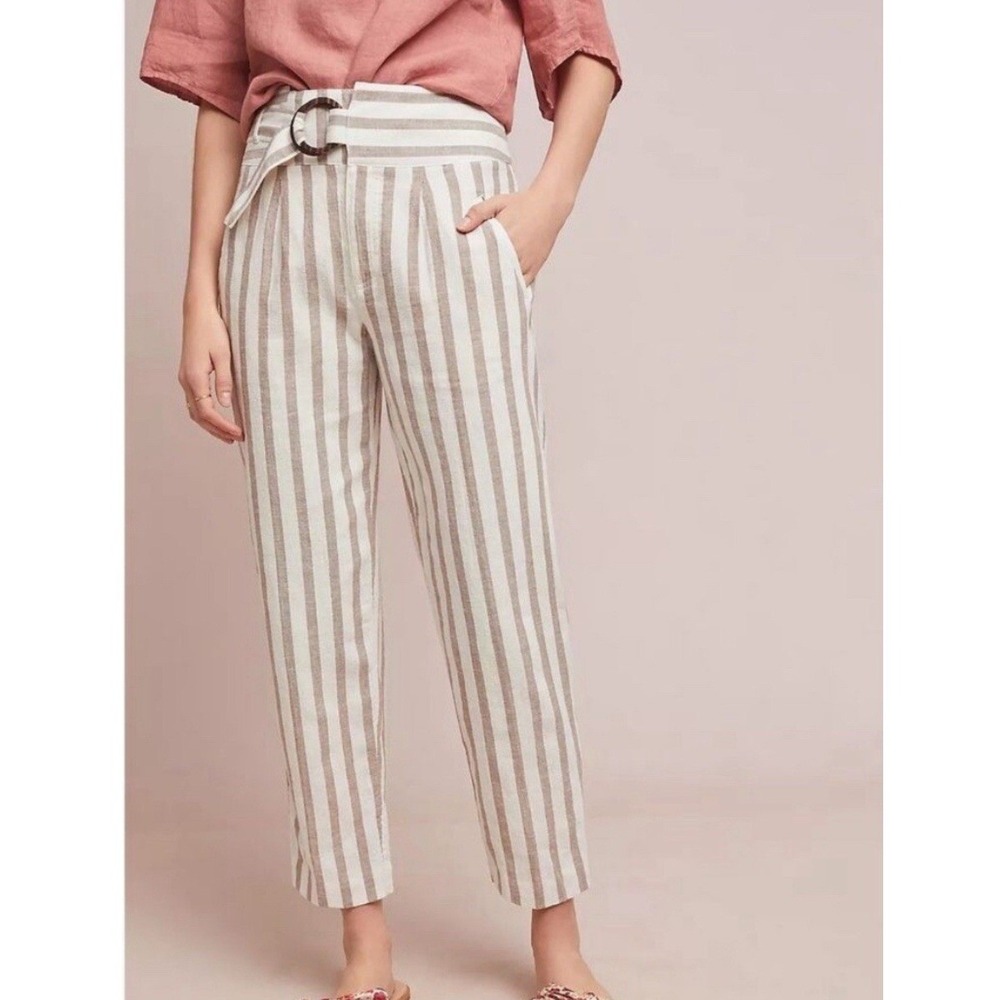 By Anthropologie Striped Linen Blend High Waisted Belted Pants Sz 6‎ Cream Brown